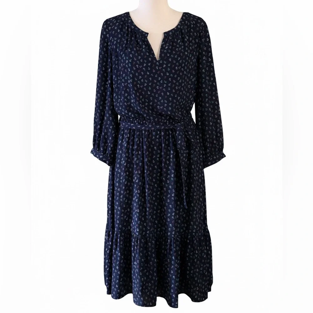 Talbots Navy Blue Henley Cinched Belted Waist Chiffon Nautical Dress Size 10 - Picture 7 of 12